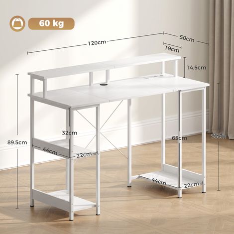 Bureau d'ordinateur réversible (avec étagère), 120 x 50 cm, avec prise électrique et éclairage LED, finition bois blanc. (1/5)