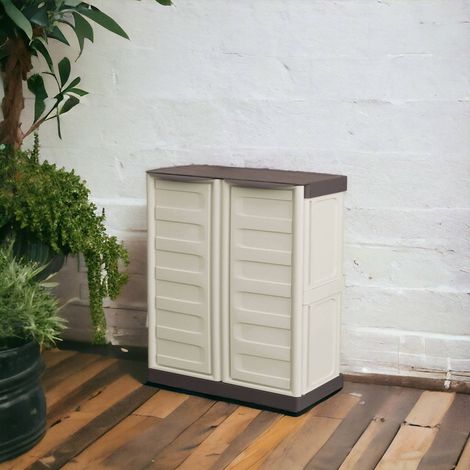 Dmora Mueble para exteriores o interno multiusos, armario bajo con 2 puertas y 1 estante de polipropileno, 100% Made in Italy, 70x39h86 cm, color beige, con embalaje reforzado (1/5)