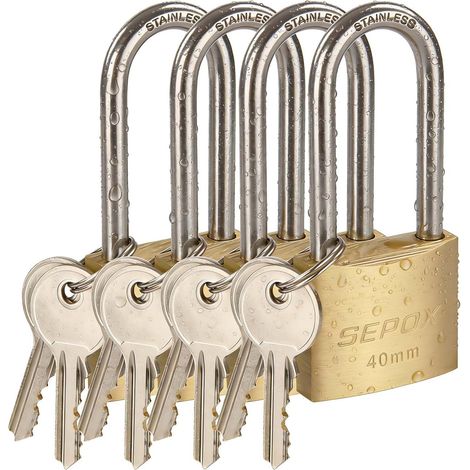 Cadenas d'extérieur à clés identiques, serrure en laiton solide de 40 mm résistante aux intempéries, manille longue en acier inoxydable antirouille 8 clés identiques,4 cadenas (1/5)