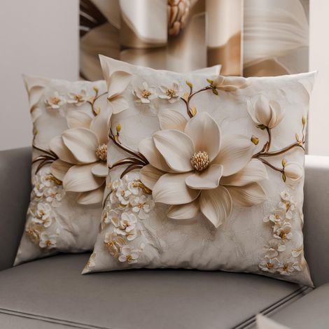 Lot de 2 Taies d'Oreillers 60x60 cm 100% Microfibre Hypoallergénique, Housse Oreiller Rectangulaire Motif Floral Crème Marron, Paquet de 2 (1/3)