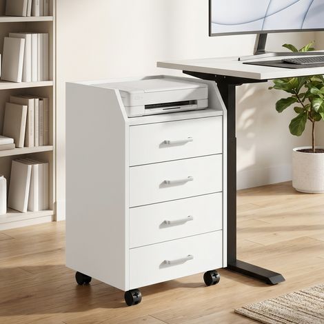 Cassettiera bureau bois 4 tiroirs, blanche, 40x36x65cm, roulettes et rebords surélevés (1/5)