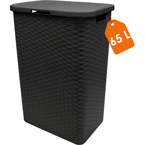 Kunststoff Wäschekorb anthrazit mit Deckel in Rattan Optik - 65 Liter - Wäschesammler in Flechtoptik mit seitlichen Griffen