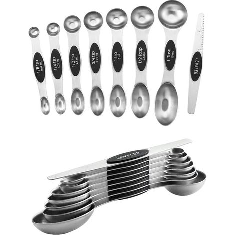Set di 8 misurini magnetici in acciaio inox, a doppia faccia con raschietto, impilabili, ideali per cucinare e preparare dolci, colore nero. (1/5)