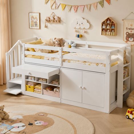 Lit bois enfant multifonctionnel 90x200 blanc, meuble évolutif avec escalier et rangement, armoires modulables gauche/droite, tiroirs réversibles en bureau, lit mezzanine avec stockage (1/5)