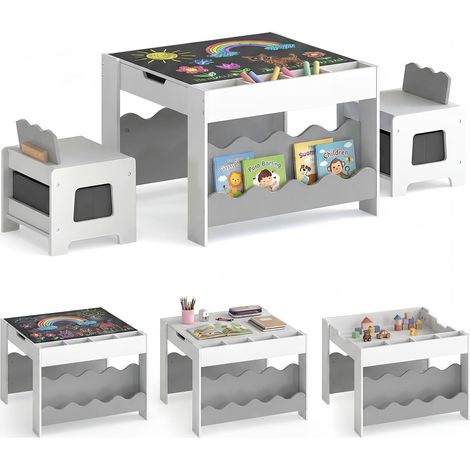 COSTWAY 4 in 1 Set Tavolo e 2 Sedie per Bambini 3+ Anni (Grigio e Bianco) (1/5)