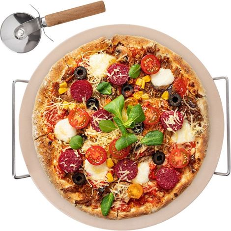 Pizzastein aus feuerfestem Ton mit Ständer und Messer – Pizzabackset