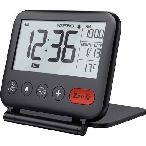 Réveil de Voyage Mini Horloge Numérique LCD Portable avec Calendrier Rétroéclairé 12/24H Température Miroir de Maquillage Petite Horloge de Bureau Pliable à Piles (Noir)