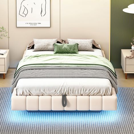 Cama tapizada 140x200 cm beige, con almacenaje y LED (1/5)