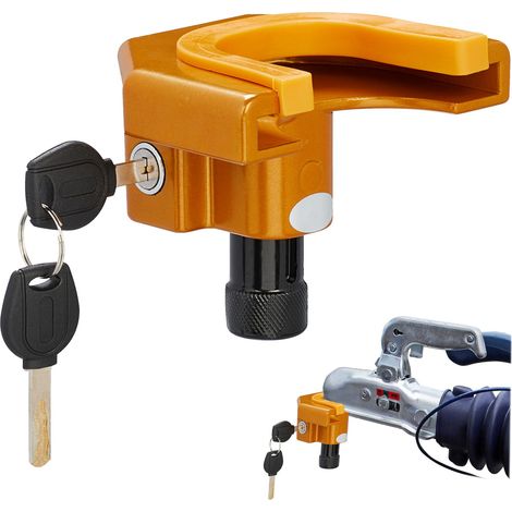 Relaxdays Trailer Lock for Couplings, 2 Keys, Theft Protection Device, Caravan, Trailer, 9.5 x 22 x 9 cm, Orange/Black (1/5)