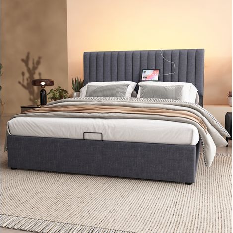 Letto contenitore matrimoniale 140x200 cm, con LED, USB e Type-C, testiera con vano, in tessuto grigio, senza materasso (1/5)