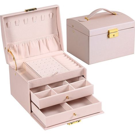 Wasserdichte Reise-Schmuckbox aus Leder – drei Ebenen, zwei Schubladen – ideal zur Aufbewahrung von Ringen, Ohrringen, Halsketten und Armbändern (rosa).