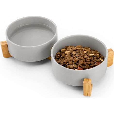 Gamelles en céramique pour nourriture et eau (avec support) pour chats et chiens lot de 2 – gamelles antidérapantes adaptées aux chats, chiots et petits chiens capacité de 350 ml (gris). (1/5)