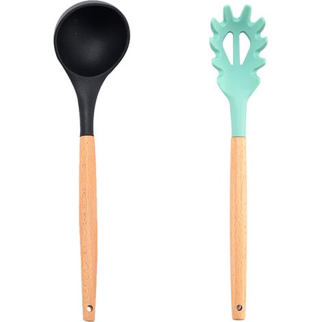 Ustensiles De Cuisine - Set 2 Pièces Silicone Et Bois - Résistant À La Chaleur Pour Poêles Antiadhésives - Cuisson Et Service (1/5)