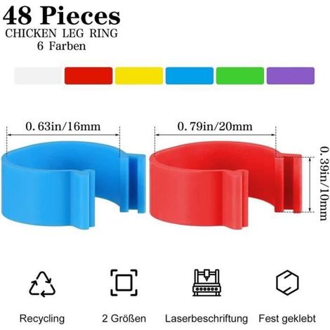 48 Pièces Bagues pour Pattes de Volaille - Anneaux pour Poulets, Canards, Oies, 16mm et 20mm (Diamètre Intérieur)