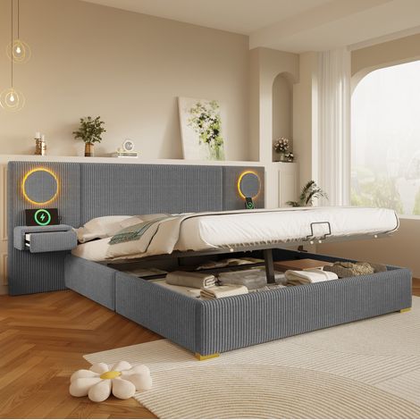 Letto imbottito in velluto 180x200 cm con testiera LED, porte USB e vano contenitore grigio (1/5)