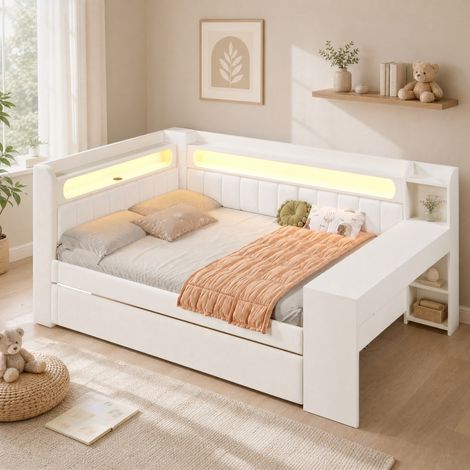 Tagesbett 140x200 cm Weiß aus MDF und Sperrholz mit Ausziehbett, USB-Anschluss, LED und Schreibtisch (1/5)