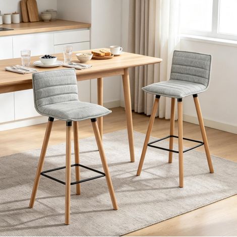 Lot de 2 tabourets de bar en tissu gris clair, dossier ergonomique, assise 76,5 cm, repose-pieds intégré et pieds en bois courbé, pour cuisine et comptoir – CHICFURN (1/5)