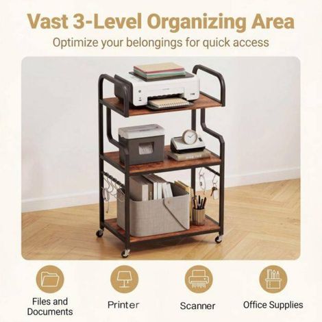 Desserte Mobile Facile à Déplacer Support Imprimante à Roulettes 3 Niveaux avec 10 Crochets pour Rangement de Bureau (1/5)