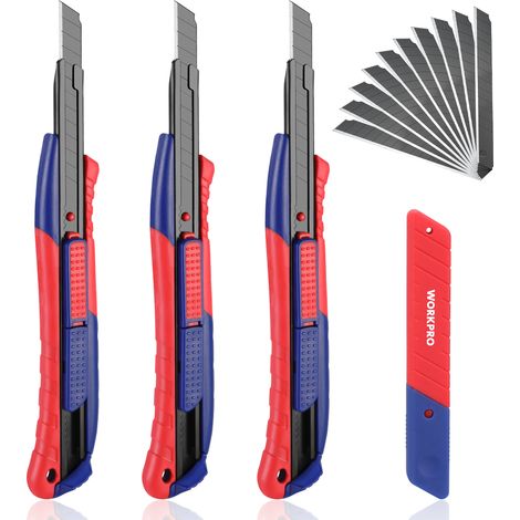 WORKPRO Lot de 3 Cutters Professionnels, Couteaux Utilitaires Rétractables 9mm, Cutters avec 10 Lames Sécables de Rechange en SK5 pour Maison, Bureau, École (1/5)