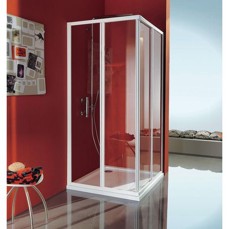 Samo - Paroi de douche d'angle ouverture coulissante 64-74 cm quatre panneaux profilé blanc verre granité - Ciao