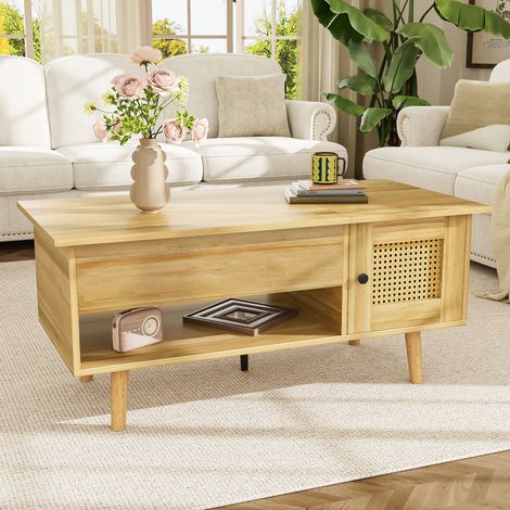 Tavolino da caffè 103x50x46 cm, Piano Sollevabile Lavoro, Porte Effetto Rattan, Pannello Truciolare, Naturale, per Salotto (1/5)