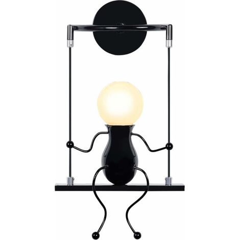 Aplique de pared decorativo de hierro negro con un diseño creativo de una muñeca en un columpio, perfecto para la habitación de un niño o un salón moderno – 1 unidad