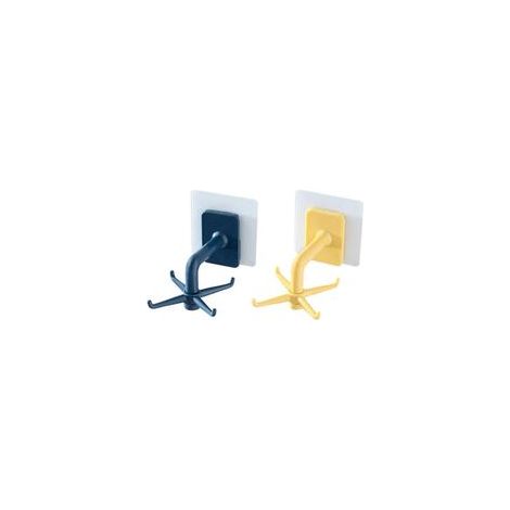 Lot de 2 crochets pivotants 360° sans perçage, auto-adhésifs pour serviettes, cuisine, salle de bain – Bleu et jaune, gain de place– (1/5)