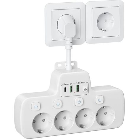 Multiprise USB C, Prise Multiple avec Interrupteur Individuel Bloc Multiprise Murale 4 Prises et 3 USB Chargeur, Adaptateur Prise Parafoudre 0,1m Câble Court pour Bureau, Cuisine, Blanc (1/5)