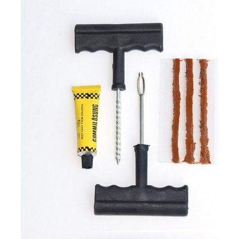 Kit de réparation de pneu sans chambre à air - 3 mèches de 100 mm, colle 10 ml, cutter et perforateur (1/5)