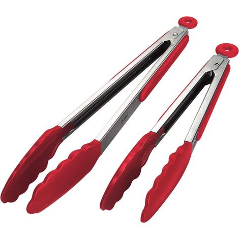 Pinces de cuisine professionnelles, ustensiles de cuisine en acier inoxydable et silicone alimentaire, pinces de cuisine résistantes à la chaleur (lot de 2/rouge) (1/5)