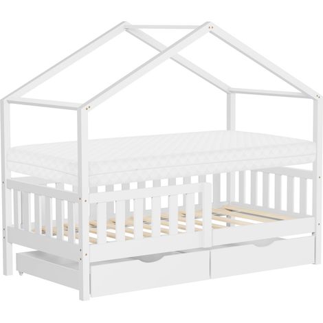 ML-Design Letto a Casetta per Bambini 80x160 cm in Legno di Pino Bianco con Materasso, Sponde di Sicurezza e 2 Cassetti Contenitore, Lettino Montessori a Pavimento, Giroletto Cameretta
