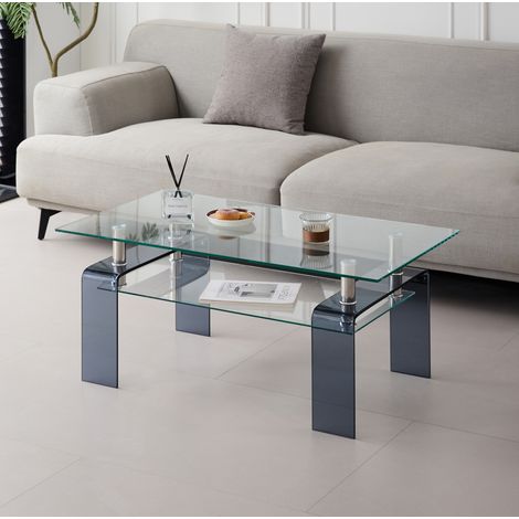 Mesa baja de vidrio templado de 2 niveles 100 x 55 x 45 cm, patas de vidrio gris DESVIAE (1/5)
