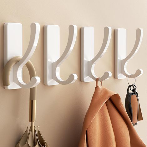 4 Pack Adhesive Wall Hooks for Towels, Coats - Heavy Duty Stick-On Hooks (12 lbs), Metal Hook for Door, Bathroom, Dorm, Closet - Purse, Bag Hanger (1/5)