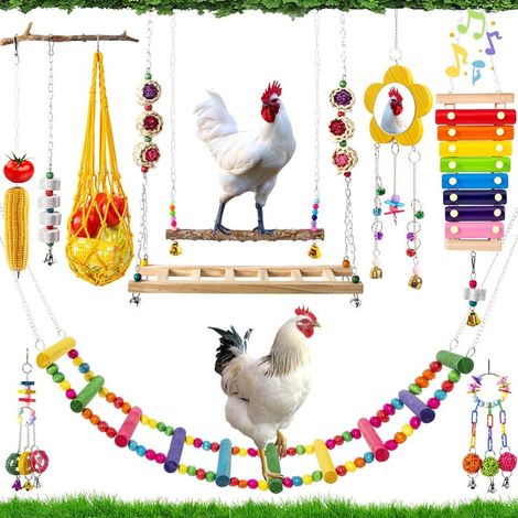 10 Jouets pour Poulailler - Xylophone, Miroir, Pont-Échelle, Balançoire, Distributeur de Légumes Suspendu, Jouets à Ronger et Fourrager, Cadeaux pour Poules (1/5)