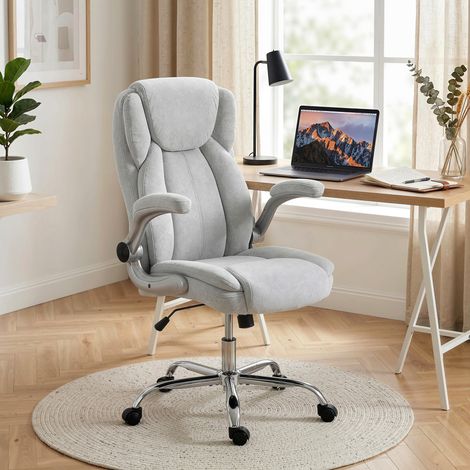 Chaise ergonomique. Dossier haut en velours imprimé. Accoudoirs rabattables. Blanc crème.