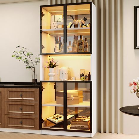 Vitrine en verre 70x30x170 cm avec LED et fond miroir, portes en verre trempé gris, MDF, pour salon et cuisine, coloris blanc (1/5)
