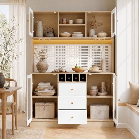 Credenza alta 140x40x185,7 cm in MDF bianco con contenitore per sala da pranzo FloraGrace (1/5)
