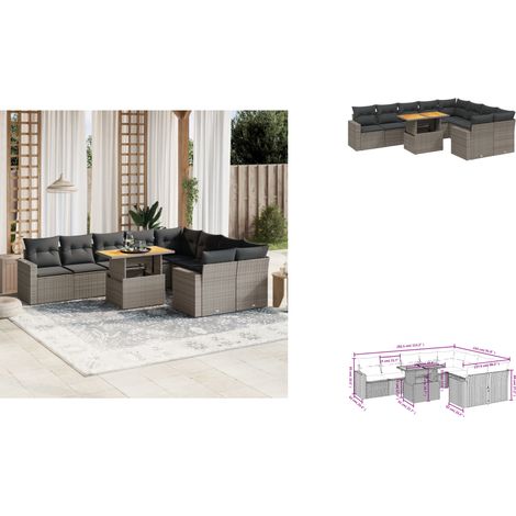 Salon de jardin avec coussins 10 pcs gris résine tressée - Ensemble Salon De Jardin - Meuble Extérieur - Résine Tressée - Rotin Synthétique - Table Extensible (1/3)