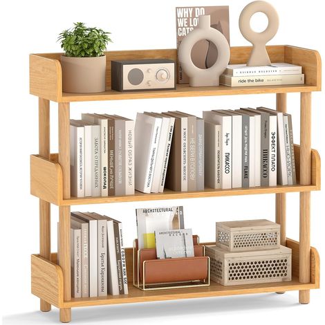 COSTWAY Libreria Verticale a 3 Livelli,con Gambe in Legno di Pino,Protezione dei Bordi,per Soggiorno (1/2)
