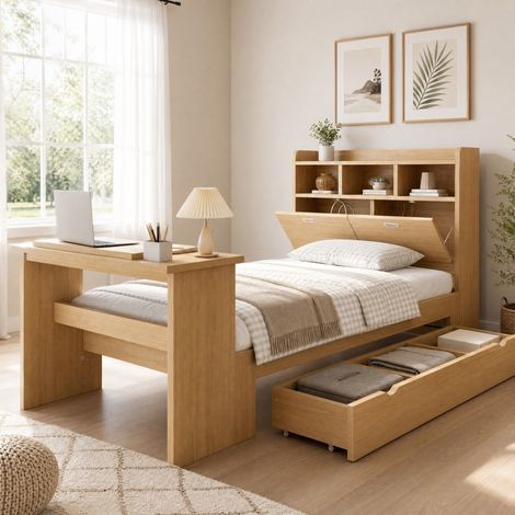 Cama infantil 90x200 con almacenaje, mesa abatible y cajón, natural DESVIAE (1/5)