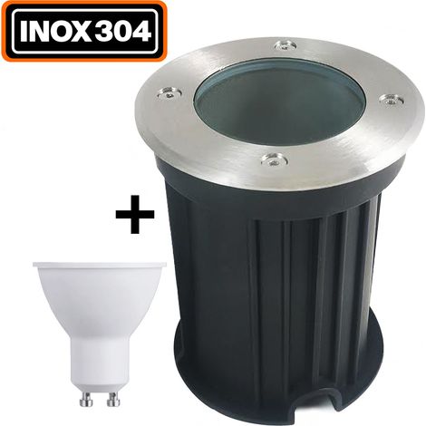 Europalamp – Spot encastrable extérieur rond inox 304 – IP65 étanche – Douille GU10 – 5W 400Lm blanc froid – Installation facile béton ou bois