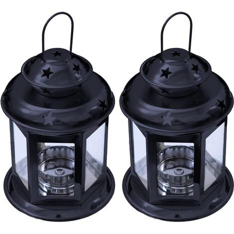 Lanternes à bougie - Lot de 2 - Verre et métal noir - Suspension décorative étoilée - Intérieur extérieur mariage Noël - 16,5x9,5cm (1/5)