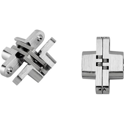 Charnière invisible à encastrer – Matériau zamac – Décor zingué – Ouverture 180° – Largeur 13 mm – Longueur 44 mm – Pour panneaux jusqu'à 25 mm – Pottker