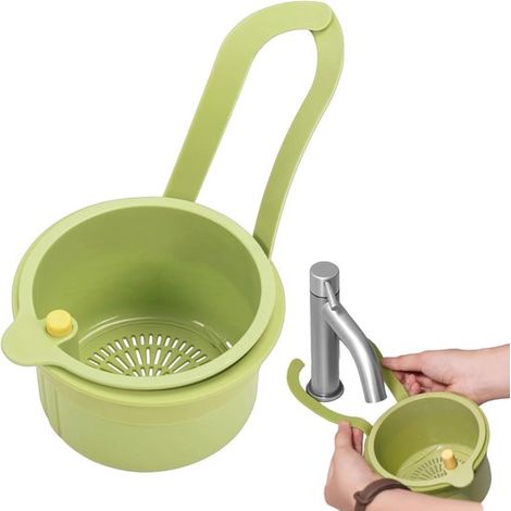 Cubo de basura multifuncional de plástico verde con colador para filtrar los residuos de cocina y lavar frutas y verduras, ideal para la cocina (1/5)