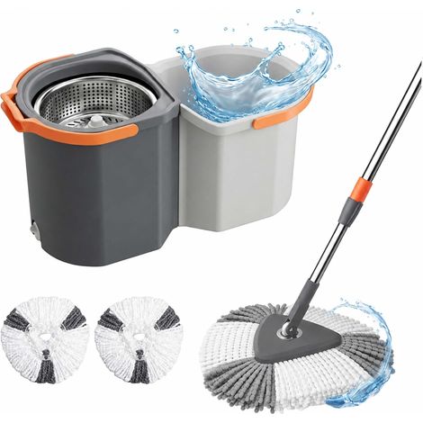 Relaxdays Set mocio, secchio 7,5L con strizzatore, impilabile, 25x28x54 cm, 2x teste microfibra, grigio (1/5)