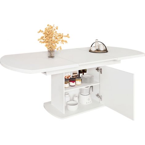 CHICFURN Mesa de comedor ovalada extensible 140-200 cm blanca con almacenaje (1/5)