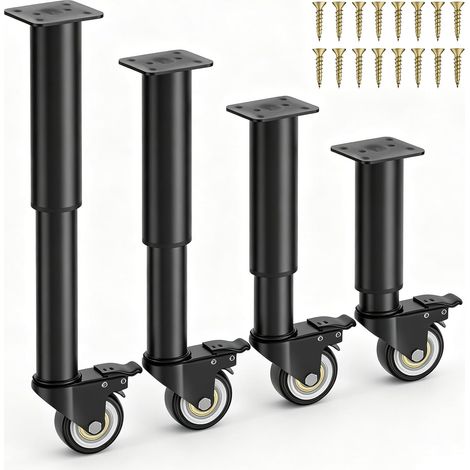 Set aus 4 höhenverstellbaren, um 360° drehbaren, schwarzen verstellbaren Füßen mit Rollen, für Kleiderschrank, Bett, Sofa, Couchtisch (24,5 bis 36 cm) (1/5)