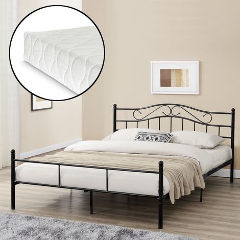 Letto Francese Florenz in Acciaio con Testiera Decorativa e Materasso 140 x 200 cm Nero [en.casa] (1/5)