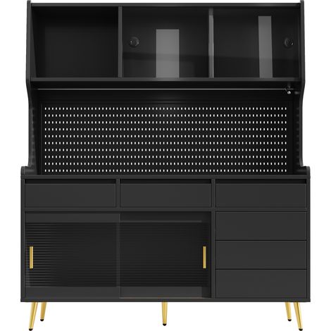 Hoher schwarzer MDF-Schrank mit Metall, Glas, LED, Schublade und Schiebetüren, 145 x 39 x 171 cm (1/5)