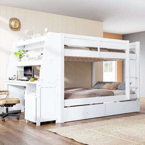 Multifunktionales Etagenbett 140x200 mit Schreibtisch und Stauraum, Hochbett mit Schrank, Schubladen und Leiter, Kiefernholz, Weiß (1/5)